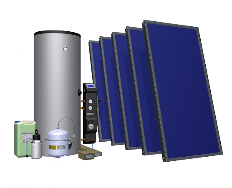Komplet Solaranlage - 5 x Kollektoren (10,45 m²) + 500 Liter